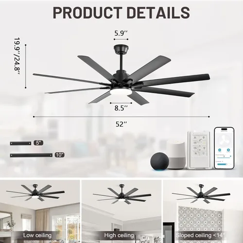 Vista 2 de Sofucor Ventiladores de techo inteligentes de 52 pulgadas con luces, ventilador de techo inteligente moderno para exteriores