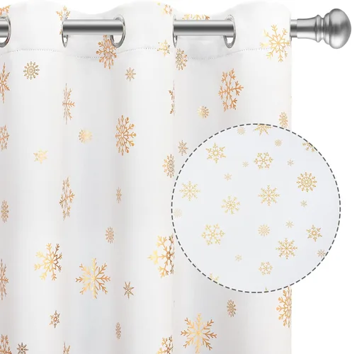 Vista 19 de FRAMICS Cortinas de Navidad con estampado de copos de nieve dorados en papel de aluminio, cortinas opacas con aislamiento térmico para sala de estar