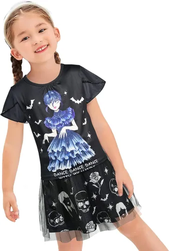 Vista 2 de Bostetion Wednesday Addams - Vestido para niños y niñas, disfraz de familia Addams, vestido de fiesta de cosplay de Halloween, 5-12 años