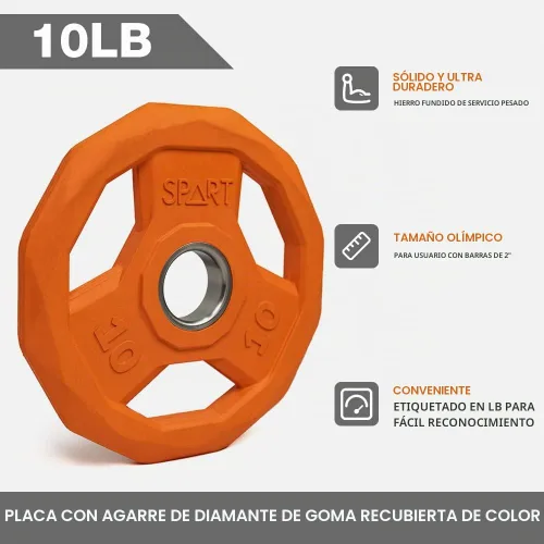 Vista 3 de SPART Placa de peso con código de color de 2 pulgadas, placa de agarre olímpico con revestimiento de goma para barra, placas de peso de hierro 9.9