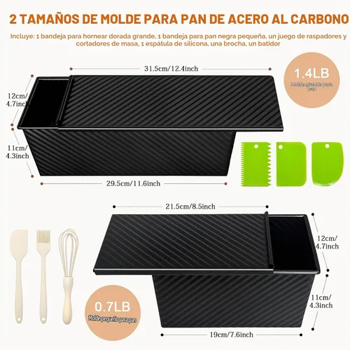 Vista 2 de Paquete de 2 moldes para pan con tapas – Capacidad de masa de 2.2 libras y 1 libra, moldes para pan de acero al carbono antiadherentes para pan