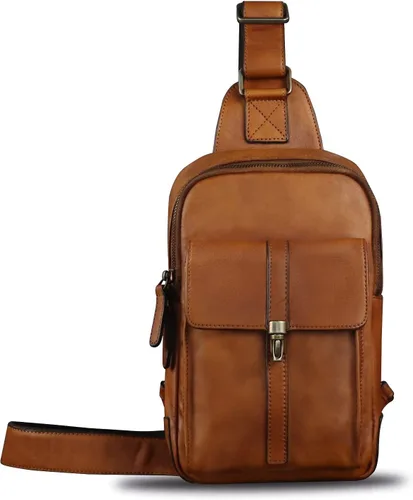 Vista 2 de Bolso bandolera de cuero genuino Mochila casual de senderismo Mochila vintage hecha a mano Crossbody Bag Retro Chest Daypack (marrón)