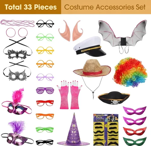 Vista 2 de Landhoow Juego de 33 piezas de accesorios para cabina de fotos divertidas, accesorios para cabina de fotos, accesorios de disfraces, sombrero