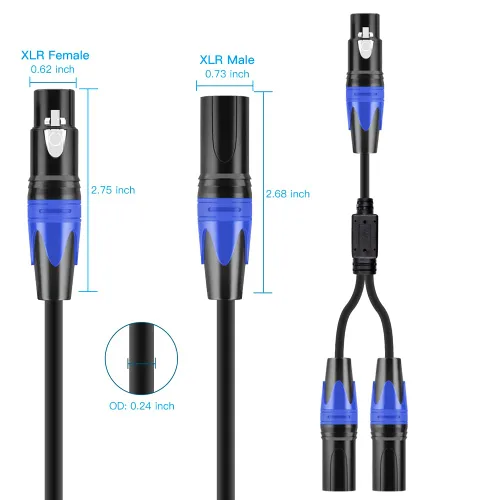 Vista 4 de Cable divisor XLR, cable de conexión en Y de 1 hembra a 2 machos, cable divisor de micrófono equilibrado, adaptador de audio (11.8 pulgadas)
