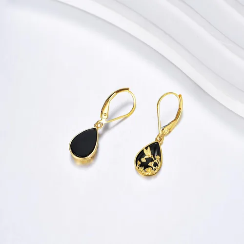 Vista 2 de KECHO Aretes colgantes de oro real de 14 quilates con cristal negro, aretes colgantes de gota de oro amarillo sólido, regalos de joyería para mujeres