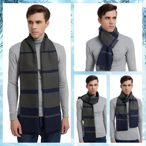 Vista 3 de EINSKEY Bufanda de invierno para hombre, paquete de 2 bufandas de mezcla de lana con borlas de contraste a rayas suaves y largas bufandas de moda