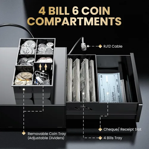 Vista 3 de Tera Cajón de caja registradora 8 "Mini: 4 billetes 6 monedas pequeño cajón de efectivo abierto automático con ranura para medios 24V Cable RJ12