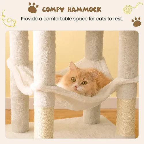 Vista 4 de MWPO - Árbol para gatos, multiestructura para gatos grandes con postes rascadores de sisal, plataforma acolchada, hamaca y condominio, torre Beige