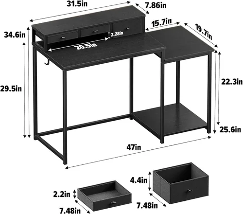 Vista 2 de SINPAID Escritorio para computadora de 47 pulgadas con estante para impresora, escritorio de juegos con soporte para monitor y cajones, escritorio