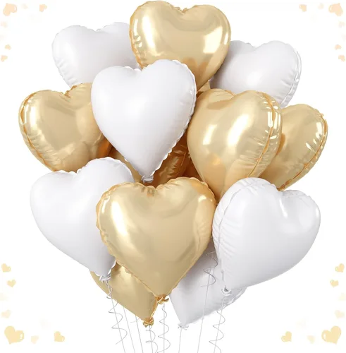 Vista 22 de Globos de corazón azul, dorado y blanco, 18 pulgadas, globos de papel de aluminio azul bebé y crema, 12 piezas, globos de helio en forma de corazón
