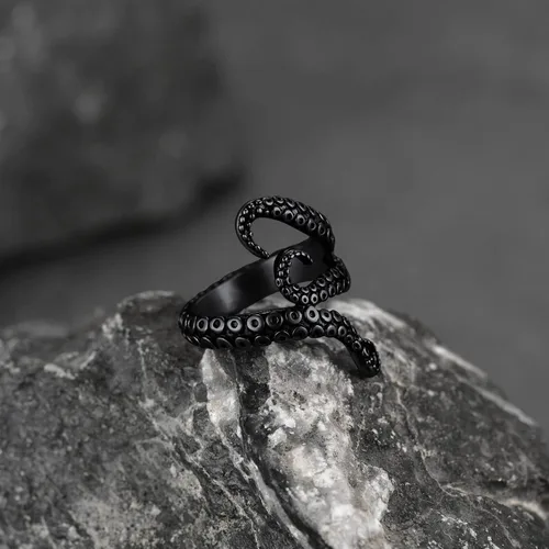 Vista 9 de FaithHeart Anillo de tentáculo de pulpo, unisex, de pez diablo, anillos punk, para hombres y mujeres, acero inoxidable, chapado en oro de 18
