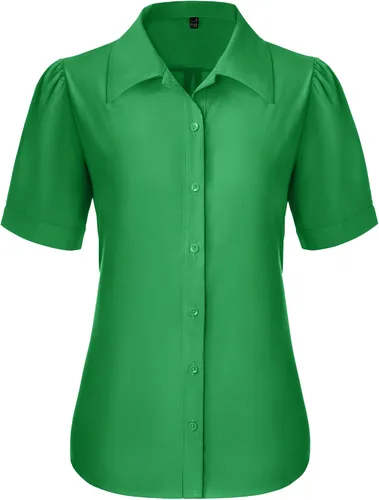 Vista 25 de Gleeivy Camisas de botones para mujer de manga corta abombada, camisas de vestir abotonadas con cuello ajustado, blusa superior de trabajo
