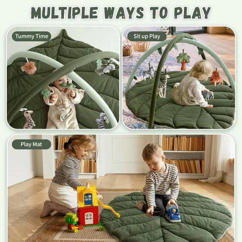 Vista 5 de Gimnasio de juegos para bebés con tapete en forma de hoja, tapete de juego para bebé con 5 juguetes colgantes, tapete para el tiempo boca abajo