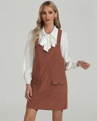 Vista 26 de luvamia Vestido de pana para mujer, tirantes ajustables, casual, a la moda, overoles cortos con bolsillos