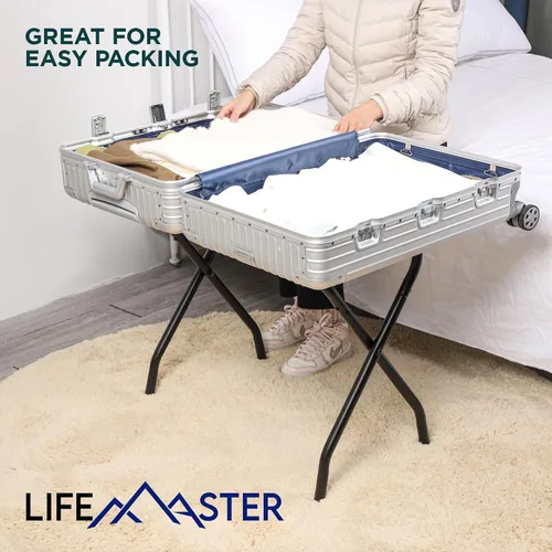 Vista 8 de Lifemaster Portaequipajes de metal – Paquete de 4 soportes plegables, fáciles de montar, ahorro de espacio y elegante marco de acero para maletas