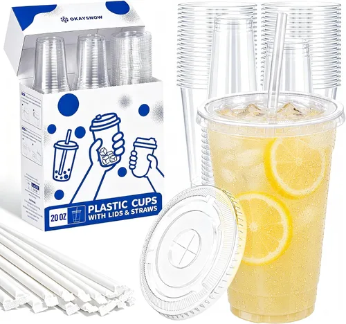 Vista 12 de 100 unidades de vasos de plástico transparente de 16 onzas con tapas y pajitas, caja dispensadora organizada, vasos desechables resistentes