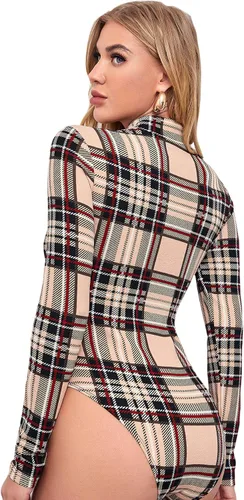 Vista 2 de SweatyRocks Enterizo elástico de manga larga con estampado de letras y cuello alto para mujer
