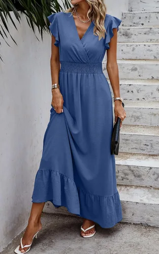 Vista 6 de ECOWISH Vestido largo para mujer, manga casquillo, estilo bohemio, cuello en V, vestidos largos
