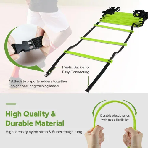Vista 2 de GHB Pro Agility Ladder Agility Training Ladder Speed 12 Rung 20ft with Carrying Bag Verde