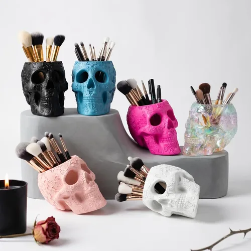 Vista 8 de Soporte para brochas de maquillaje de calavera, soporte para bolígrafos, tocador, escritorio, organizador de oficina, estacionario, maceta Negro