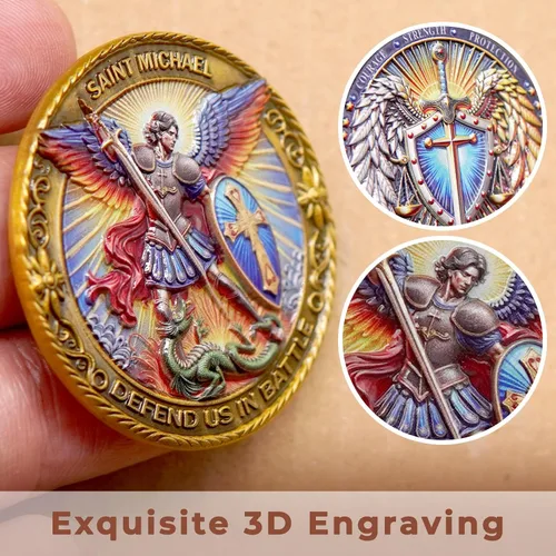 Vista 4 de Moneda de Arcángel de San Miguel con grabado en 3D, llavero de San Miguel con soporte de cuero