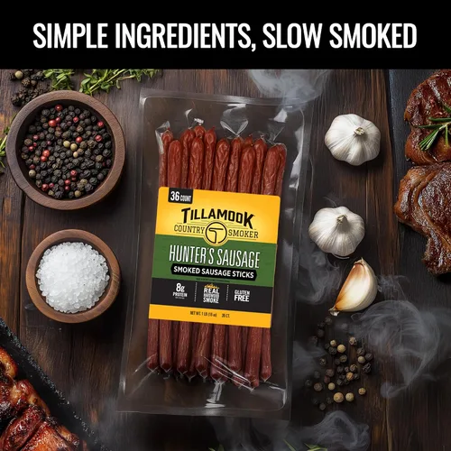 Vista 4 de Tillamook Country Smoker - Salchichas ahumadas, salchicha Hunter's, 16 onzas (paquete de 36 palitos de carne), ahumadas con madera dura auténtica
