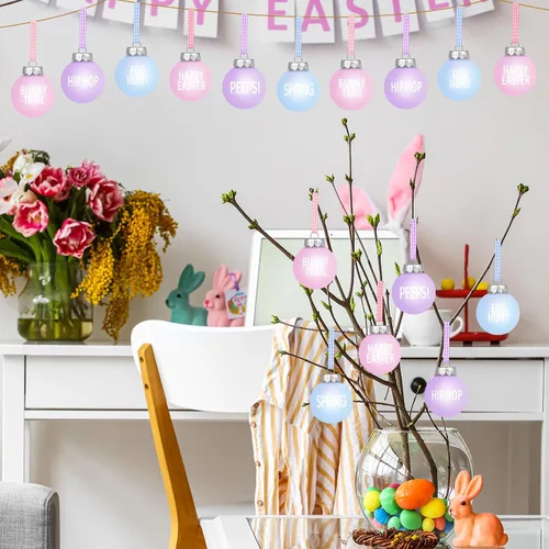 Vista 6 de Riceshoot 12 adornos de bola colgante de Pascua, adornos de árbol de Pascua, decoraciones colgantes de plástico con cuerda para el hogar, árbol