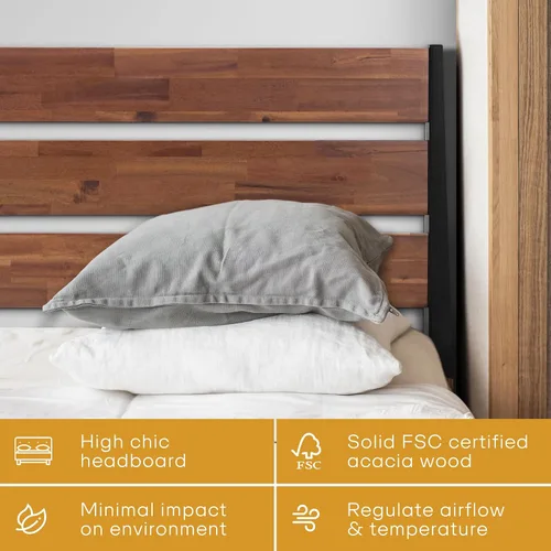 Vista 2 de Acacia Emery - Marco de cama con cabecero, cama de plataforma de madera 100% maciza, estilo de cama escandinavo con todos los colchones Americano