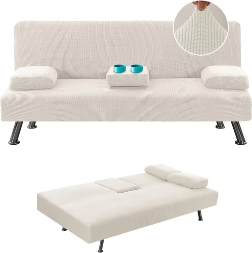 Vista 10 de LiveGo Funda para futón, 4 piezas, elásticas, para futón, sofá cama, con reposabrazos extraíbles y portavasos, protector de muebles, tela jacquard