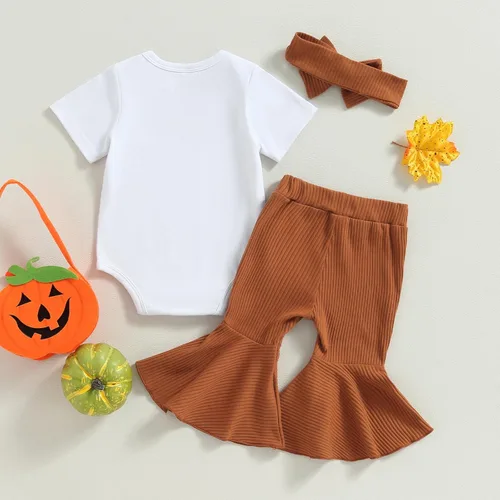 Vista 3 de Karuedoo Conjunto de mameluco de manga corta para bebé niña, Halloween, Acción de Gracias, calabaza, otoño, pantalones acampanados y diadema