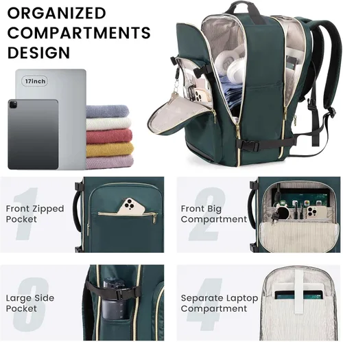 Vista 4 de LOVEVOOK Mochila de viaje grande de 40L para mujeres y hombres, mochila de transporte de 17 pulgadas para viajar en avión, bolsa de viaje