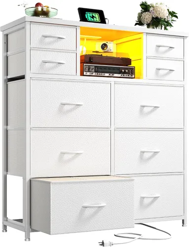 Vista 11 de Romorgniz - Cómoda para dormitorio con 10 cajones con luz LED y toma de corriente, cómodas de tela y cómoda con estantes abiertos para pasillo, sala