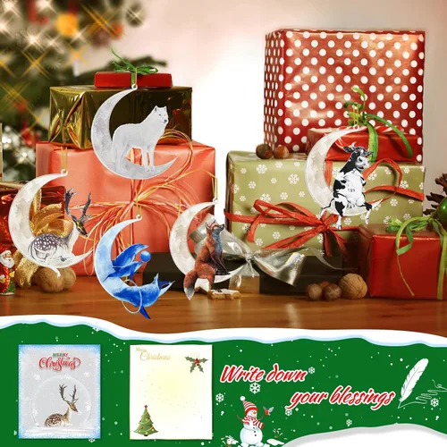 Vista 4 de Adornos para árbol de Navidad, animales sentados en la luna, colgante colgante de acrílico suave de doble impresión, para árbol de Navidad