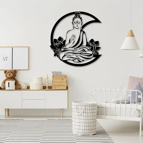 Vista 2 de Arte de pared de metal, arte de pared de metal de Buda, arte de pared de flor de loto de metal, decoración de pared de metal de Buda, arte de pared
