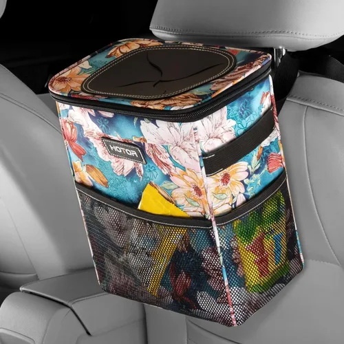 Vista 10 de HOTOR - Organizador de auto con tapa y bolsillos de almacenamiento, 100 % a prueba de fugas, resistente al agua, cubo de basura para autos Negro