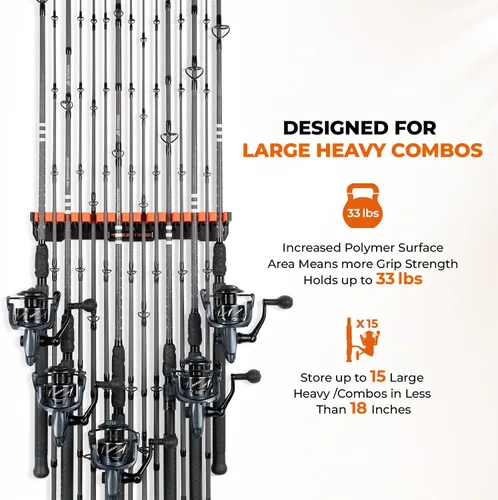 Vista 2 de KastKing V15HD Soporte vertical para caña de pescar resistente – Soporte para caña de pescar montado en la pared, almacena 15 cañas grandes o combos