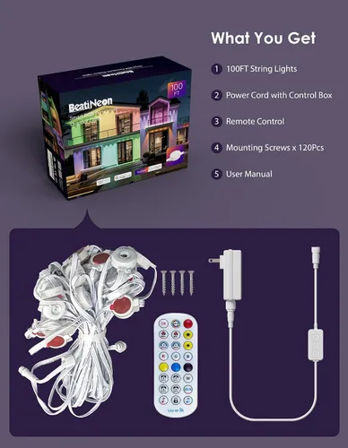 Vista 9 de Luces permanentes para exteriores, 100 pies con 60 luces LED RGB+IC para casa, 75 modos de escena, luces de alero impermeables IP68 compatibles