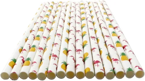 Vista 3 de popotes de papel con motivos de Frutas, biodegradable, 7.75 pulgadas, desechables, 100 unidades.