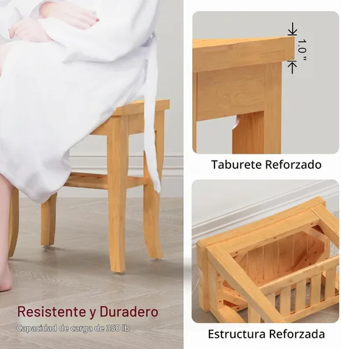 Vista 5 de Banco de ducha de bambú, taburete de ducha pequeño de spa para ducha interior, impermeable, asiento de baño con estante de almacenamiento