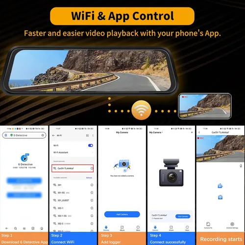 Vista 4 de Cámara de tablero WiFi de 3 canales de 9.66 pulgadas con cámara frontal y trasera, pantalla táctil IPS, triple cámara de espejo retrovisor