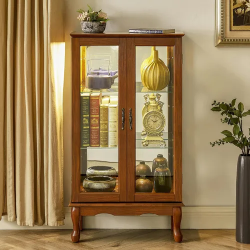 Vista 10 de Gabinete Curio iluminado, moderno gabinete de cristal de pie con estantes ajustables, panel trasero espejo y puertas de vidrio templado