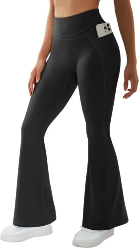 Vista 2 de RXRXCOCO Leggings acampanados con espalda en V para mujer, pantalones de yoga de cintura alta, pantalones de entrenamiento con bolsillos