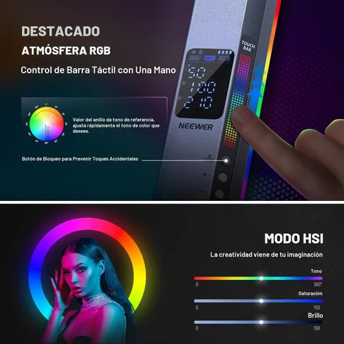 Vista 3 de NEEWER Barra de Luz LED RGB2 con Puerta de Granero de Metal, Mango, Barra Táctil/APP/Control 2.4G, Luz de Video RGB Magnética Recargable de Mano