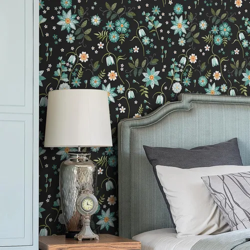 Vista 6 de VaryPaper Papel tapiz floral negro de 17.7 x 78.7 pulgadas, diseño de copos de nieve y flores, papel tapiz autoadhesivo extraíble, papel de contacto
