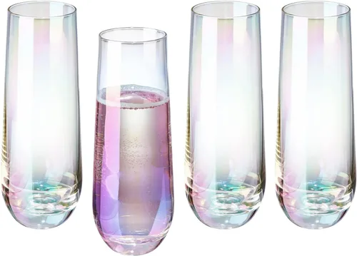 Vista 6 de MyGift Juego de 4 copas de champán modernas de 9 onzas, vino espumoso iridiscente, vino Prosecco transparente arcoíris, juego de mimosa de cóctel