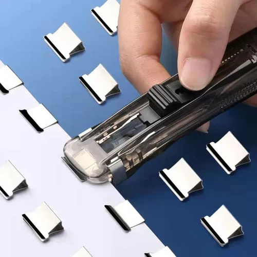 Vista 5 de Engrapadora de empuje, clips para carpeta, abrazaderas de papel, grapadora de escritorio con 50 clips de repuesto de acero inoxidable reutilizables