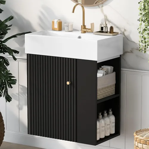 Vista 12 de Harper & Bright Designs Tocador de baño de 21.6" con lavabo, conjunto de tocador independiente de lavabo individual con gabinete de almacenamiento