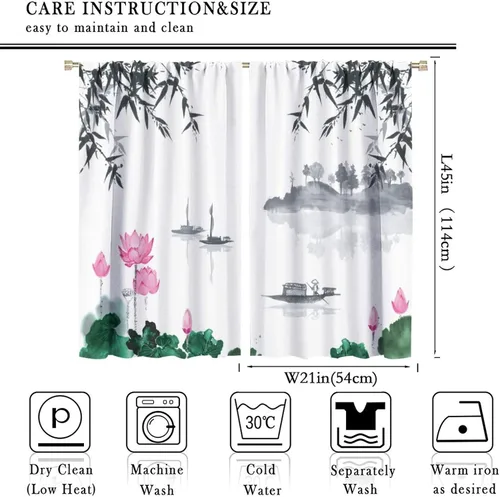 Vista 2 de Cortinas con estampado de bambú, diseño de loto rosa asiático japonés, tela de poliéster, tratamiento de ventana para dormitorio, sala de estar