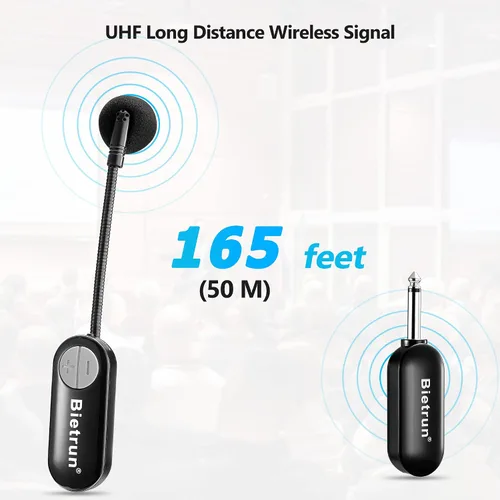Vista 2 de Bietrun Auriculares inalámbricos con enchufe de 1/4 pulgadas, rango de 165 pies, micrófono inalámbrico UHF y micrófono de mano 2 en 1, para altavoz