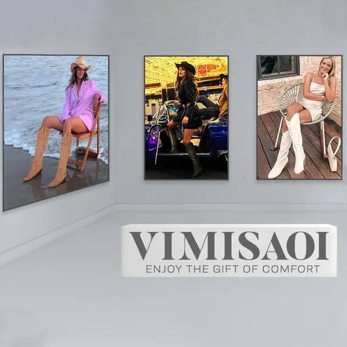 Vista 3 de Vimisaoi - Botas vaqueras para mujer, estilo retro, puntiagudas, de meter, pantorrilla ancha, tacón de bloque alto y grueso, bordadas, hasta